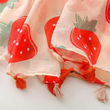 Cute Strawberry Print Tassel Scarf for Women – Lightweight Chiffon Shawl for Summer Sun Protection and Styling