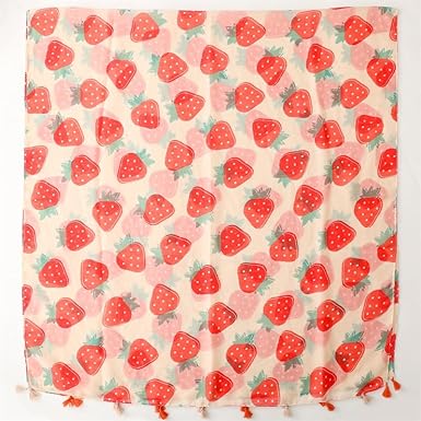 Cute Strawberry Print Tassel Scarf for Women – Lightweight Chiffon Shawl for Summer Sun Protection and Styling