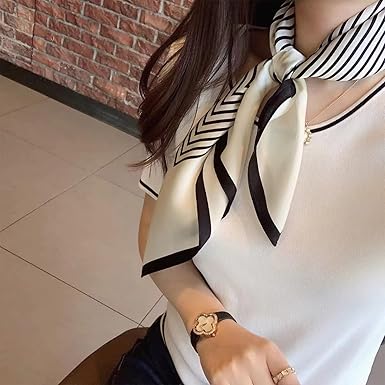 Elegant 27.5-Inch Black & White Stripe Satin Square Scarf | Minimalist Chic | Multi-Purpose Accessory