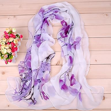 Elegant Purple Floral Chiffon Scarf – Lightweight & Flowing Neck Wrap (Approx. 160×50cm)