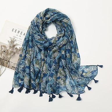 Green Botanical Print Scarf with Tassels | Lightweight Oversized Shawl | Natural Boho Chic Style