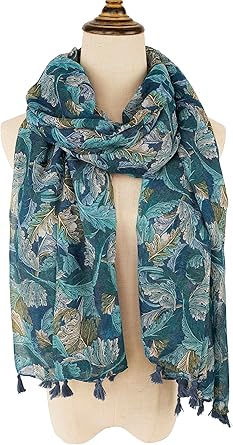 Green Botanical Print Scarf with Tassels | Lightweight Oversized Shawl | Natural Boho Chic Style