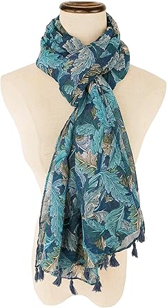 Green Botanical Print Scarf with Tassels | Lightweight Oversized Shawl | Natural Boho Chic Style