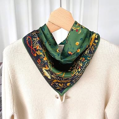 Vintage Green Floral Satin Scarf | Elegant Square Design | Versatile Accessory | 27.5 Inches