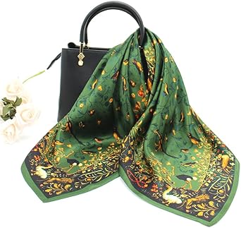 Vintage Green Floral Satin Scarf | Elegant Square Design | Versatile Accessory | 27.5 Inches