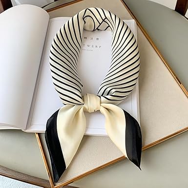 Elegant 27.5-Inch Black & White Stripe Satin Square Scarf | Minimalist Chic | Multi-Purpose Accessory