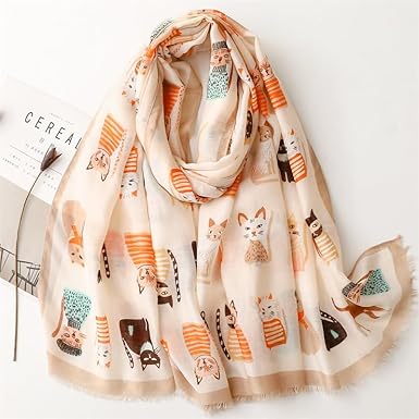 Chiffon Cat Print Scarf | Lightweight Sheer Shawl | Adorable Animal-Inspired Wrap