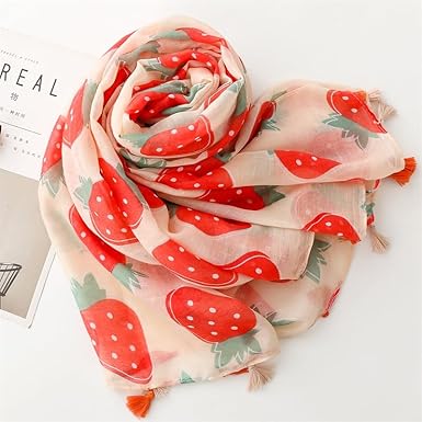 Cute Strawberry Print Tassel Scarf for Women – Lightweight Chiffon Shawl for Summer Sun Protection and Styling