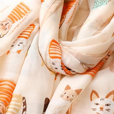 Chiffon Cat Print Scarf | Lightweight Sheer Shawl | Adorable Animal-Inspired Wrap