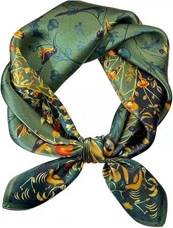 Vintage Green Floral Satin Scarf | Elegant Square Design | Versatile Accessory | 27.5 Inches