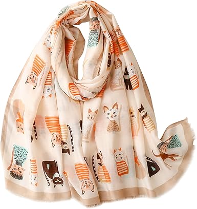 Chiffon Cat Print Scarf | Lightweight Sheer Shawl | Adorable Animal-Inspired Wrap