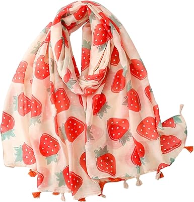 Cute Strawberry Print Tassel Scarf for Women – Lightweight Chiffon Shawl for Summer Sun Protection and Styling