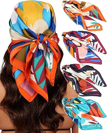 4-Pack Geometric Satin Square Scarves | Vibrant & Versatile | Stylish Hair & Neck Accessory
