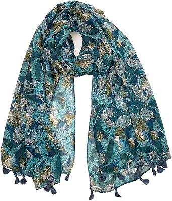 Green Botanical Print Scarf with Tassels | Lightweight Oversized Shawl | Natural Boho Chic Style